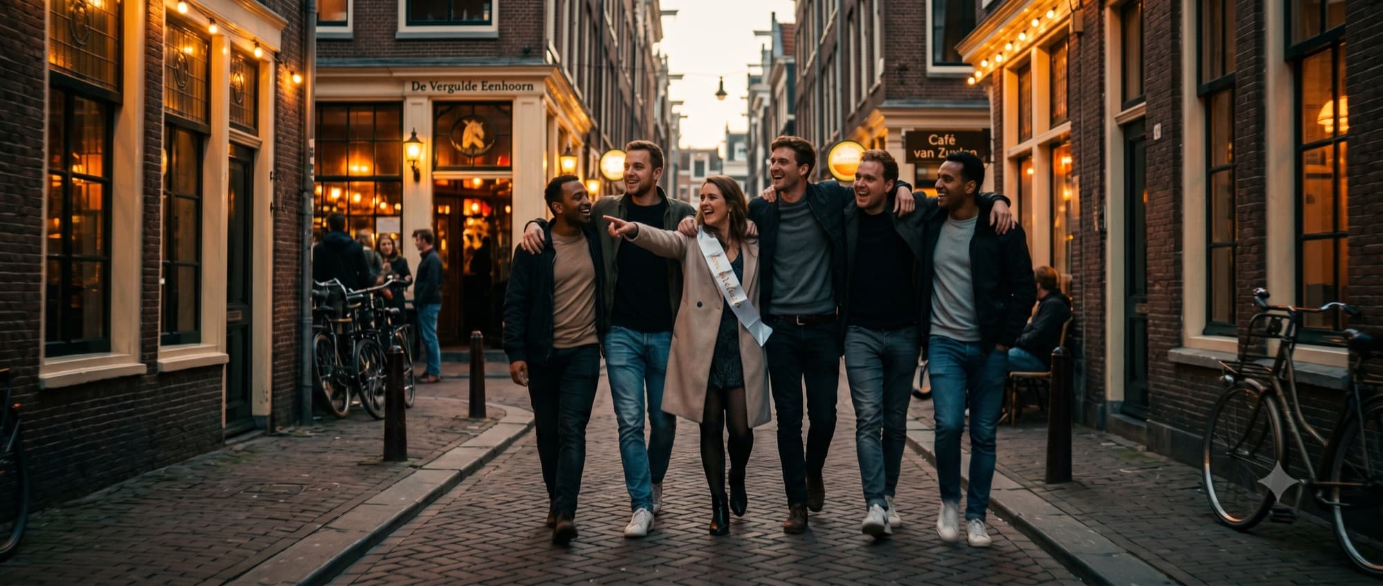 Vriendengroep loopt naar de volgende kroeg tijdens een vrijgezellenavond in Amsterdam