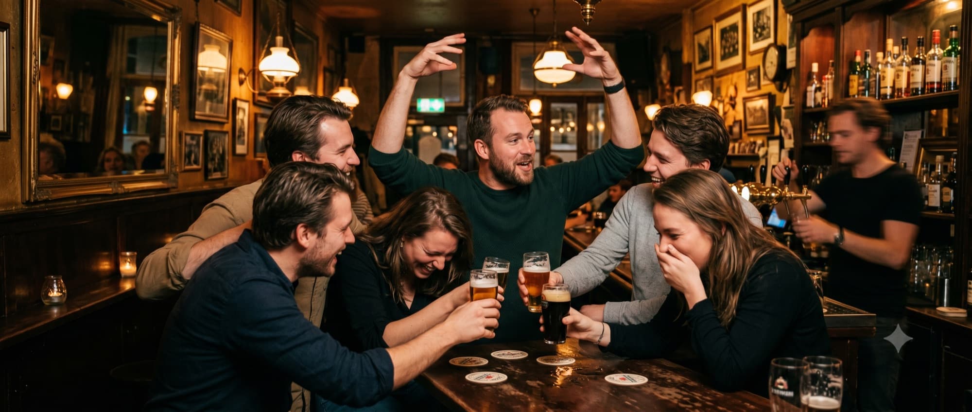 Vriendengroep viert het hoogtepunt van de kroegentocht met biertjes in de hand