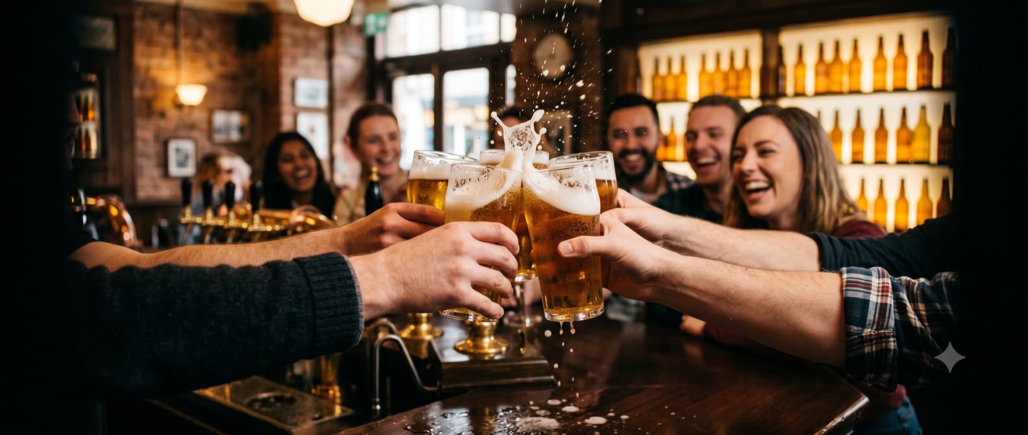 Pintglazen klinken bij het toosten aan de bar in een bruine kroeg