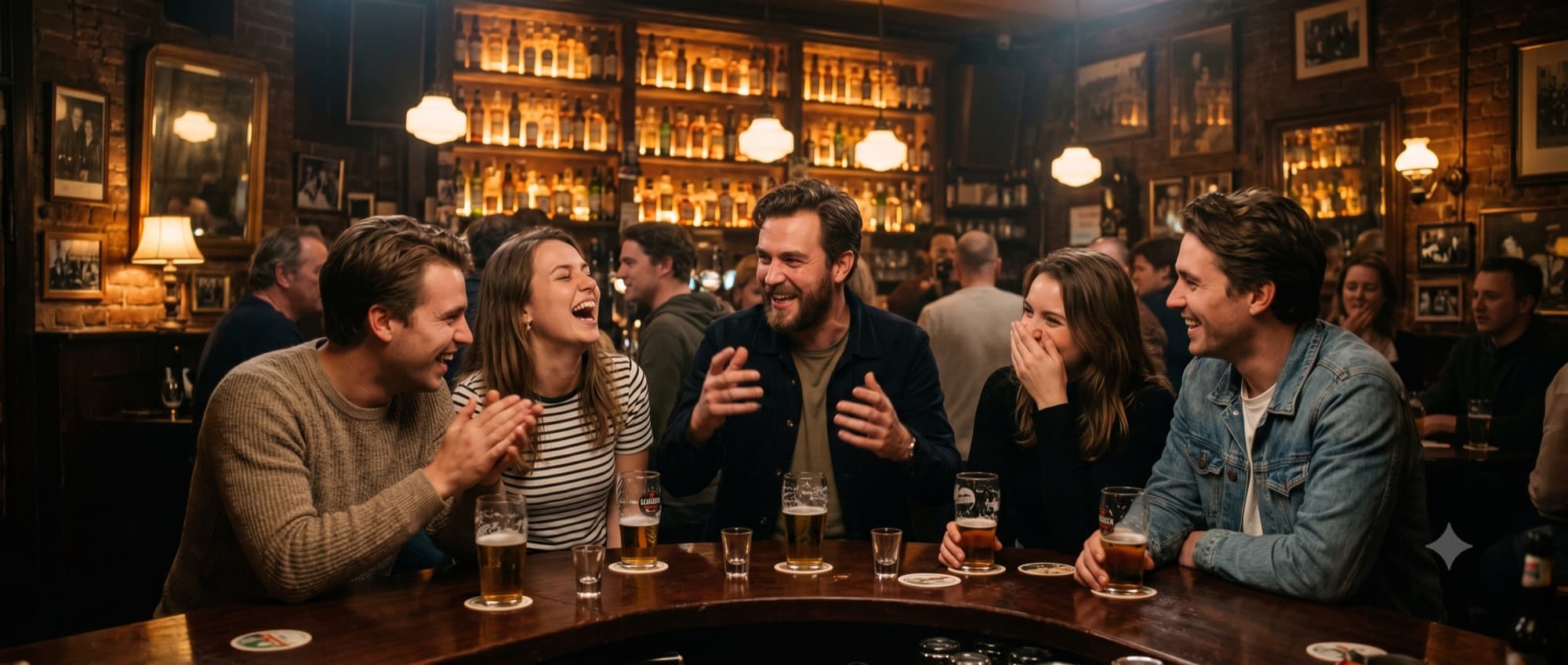 Vrienden in de kroeg luisteren lachend naar een goed verhaal met biertjes in de hand