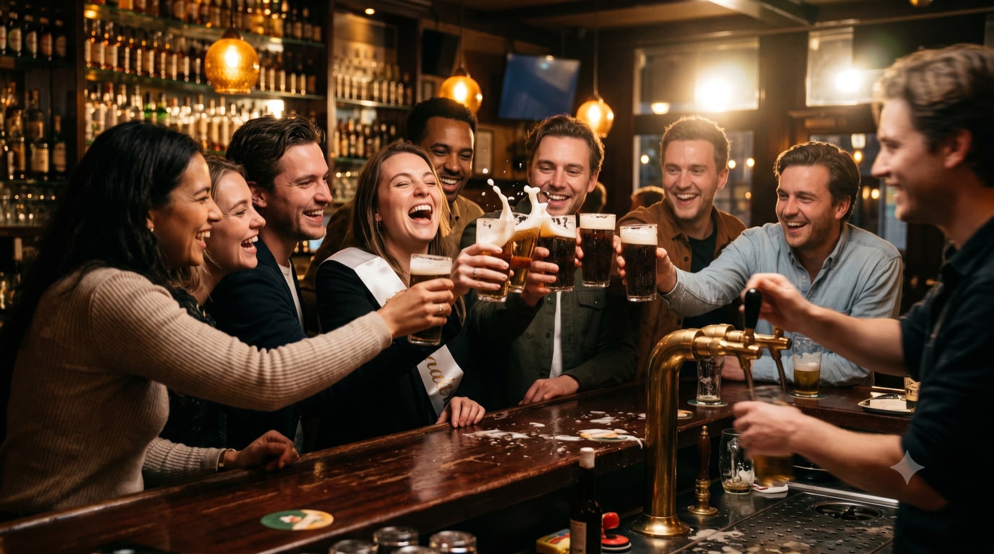 Vrijgezellengroep proost met biertjes aan de bar in een Nederlandse bruine kroeg