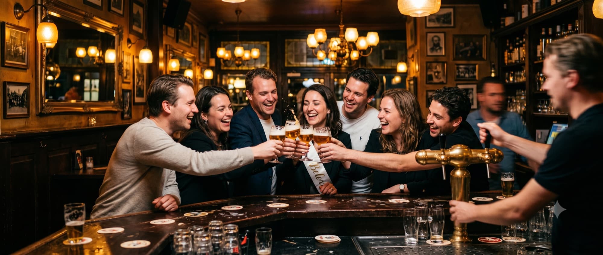 Vrienden lachen rond een kroeg-tafel met biertjes tijdens een avond uit