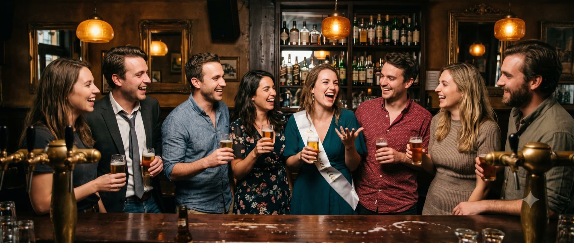 Vriendengroep met vrijgezellen-sjerp lacht aan de bar in een bruine kroeg