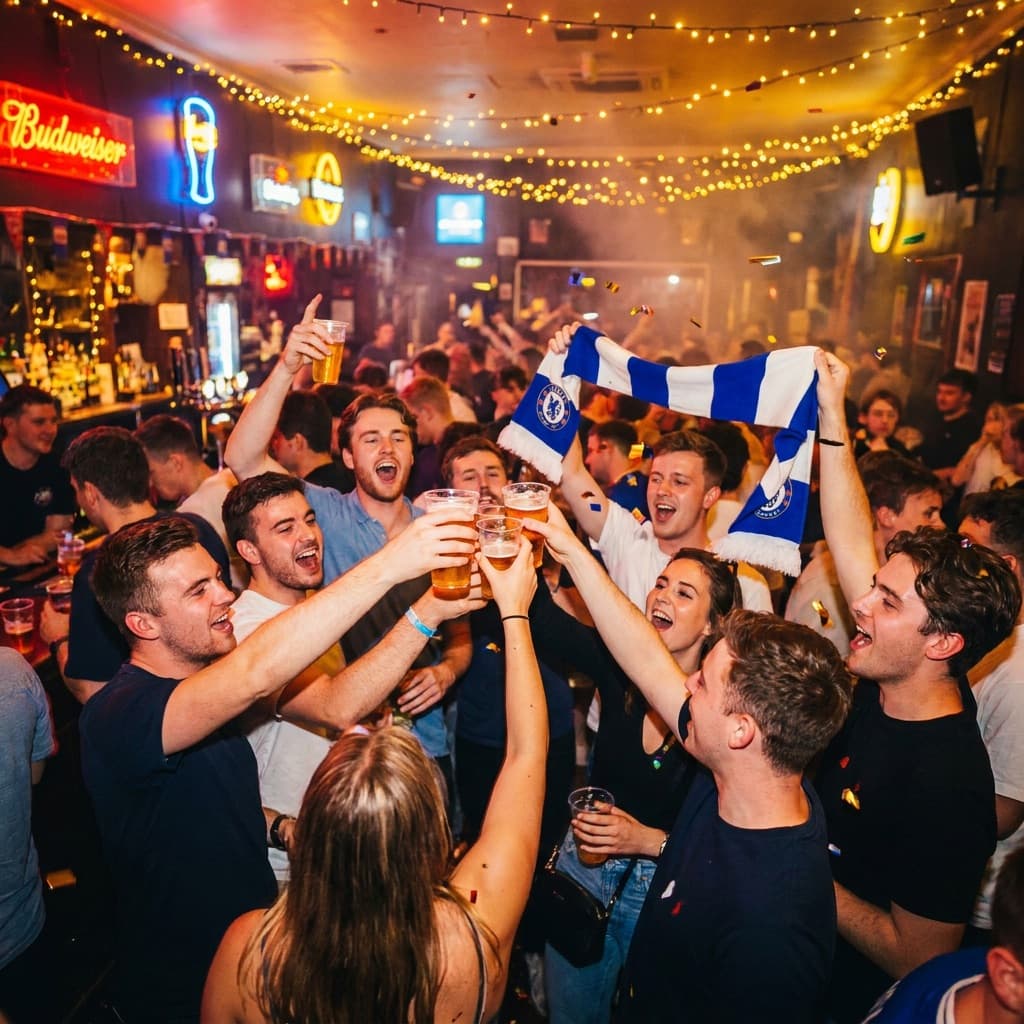 Grote studentengroep heft juichend het glas met clubsjaal in een volle kroeg
