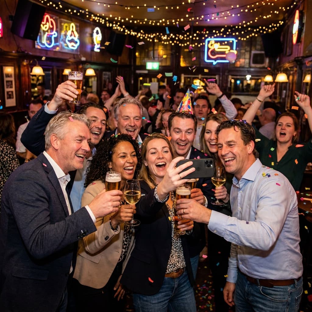 Collega's maken lachend een groepsselfie met drankjes tijdens een bedrijfs-kroegentocht