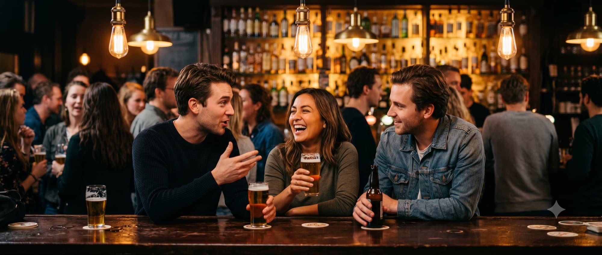 Drie vrienden in gesprek aan de bar in een gezellige bruine kroeg