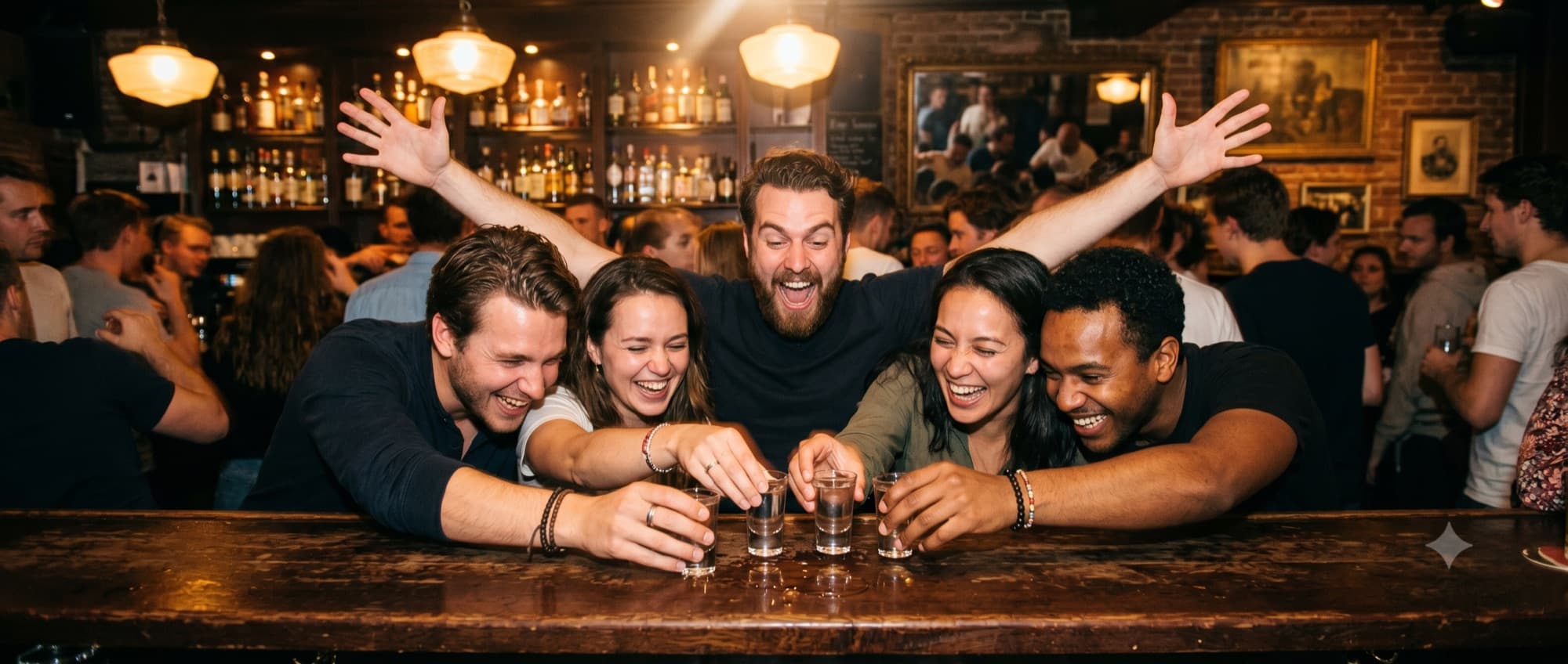Vrienden klinken met shotjes aan de bar tijdens een kroegentocht