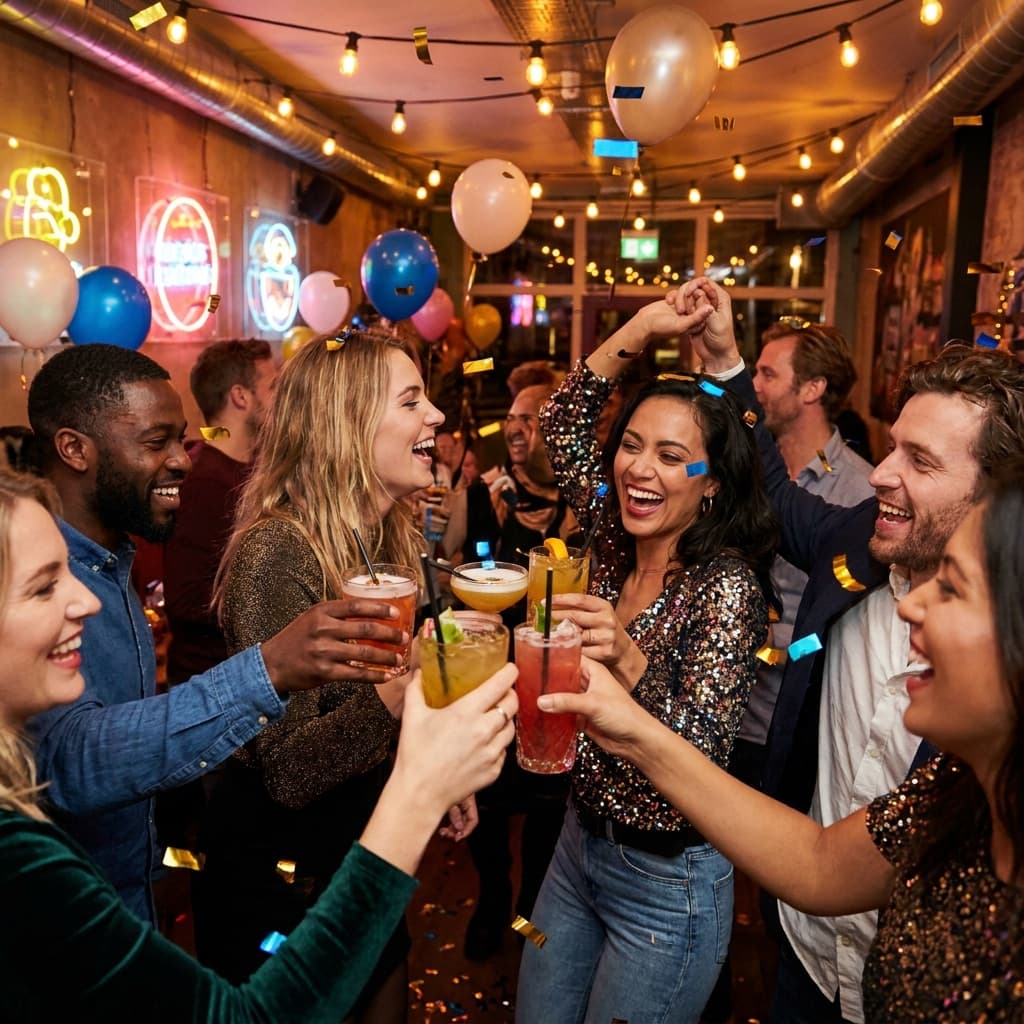 Vriendengroep proost met kleurrijke cocktails tussen ballonnen en confetti in een neon-cocktailbar