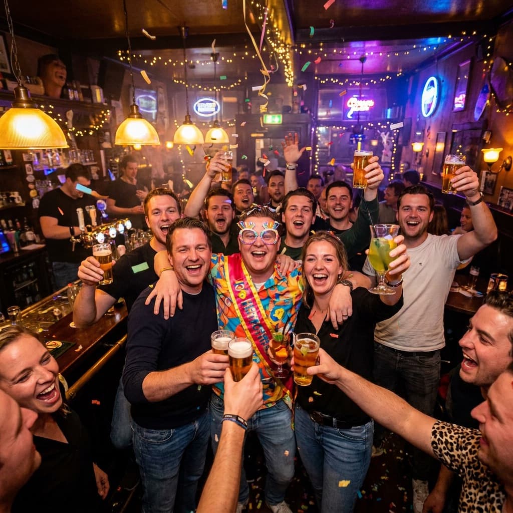 Vrijgezel met sjerp en vrienden proosten uitbundig met bier in een feestelijke kroeg