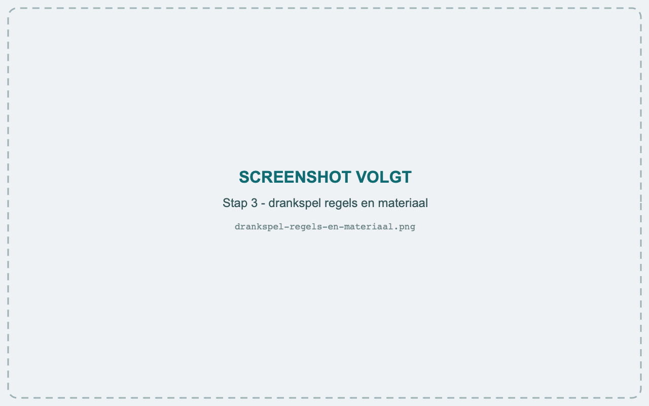 Spelregels-editor voor een drankspel met uitleg, materiaal-checklist en variaties