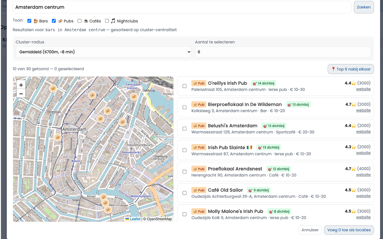 Locatie-zoeker met kroegen in Amsterdam-centrum op de kaart en cluster-selectie