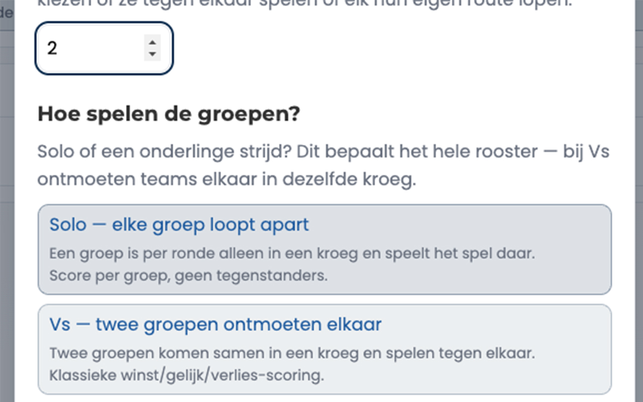 Wizard-stap waarin je kiest tussen solo of onderlinge strijd en het aantal groepen instelt