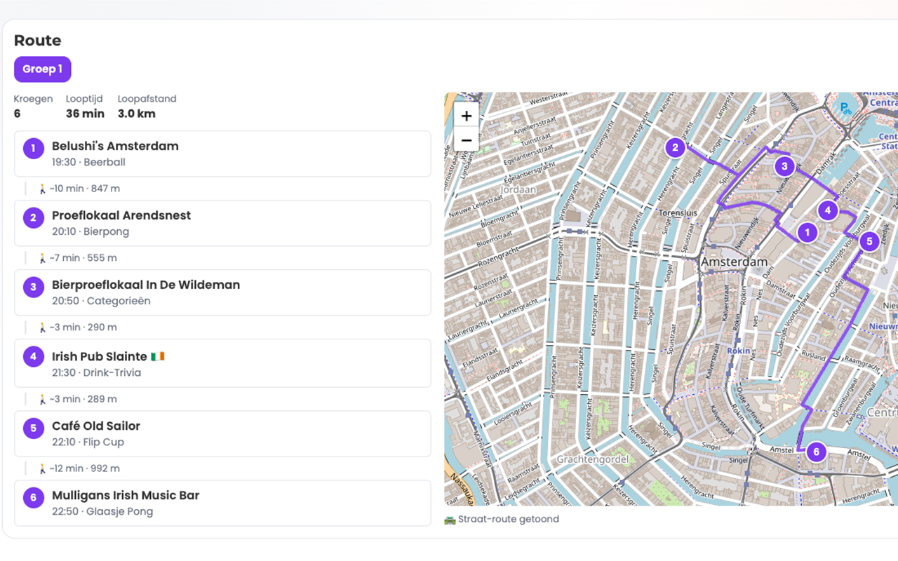 Route-overzicht per groep met looptijden, afstanden en de wandelroute op de kaart