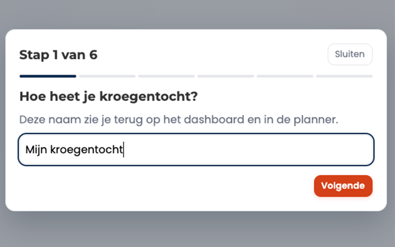 Eerste stap van de begeleide wizard waarin je je kroegentocht een naam geeft